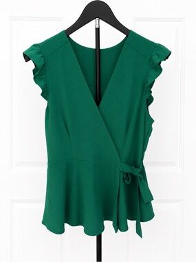 Monteau Emerald Green Wrap Peplum Top with Ruffle Sleeves